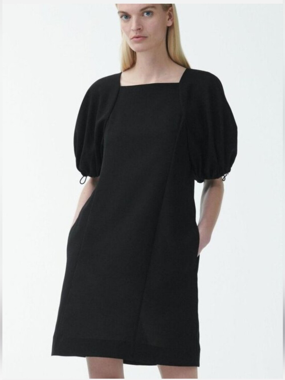 Cos Nwt Black Puff-Drawstring Sleeve Square Neck Dress Size 10